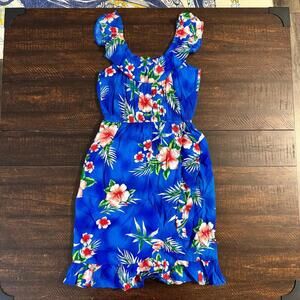 Sunny Island Hawaii Blue Floral Ruffle Rayon Dress Girls 14